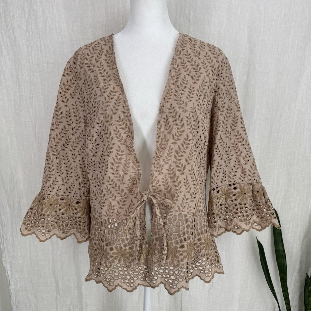 Boho Embroidered Eyelet Top L Cottage Coastal Cowgirl Hippie Festival Tie Front
